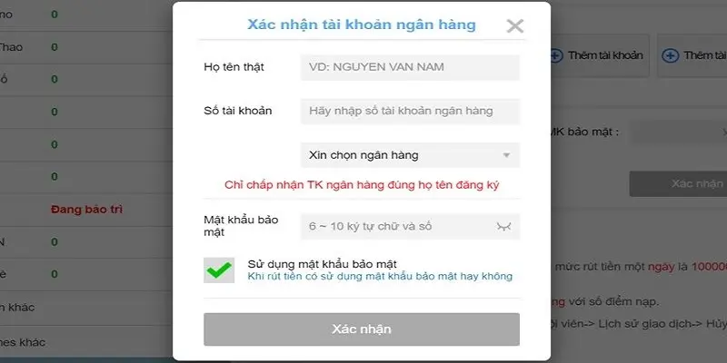 Xác nhận tài khoản ngân hàng để tiến hành rút tiền Kubet